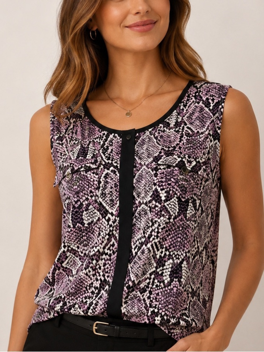 Susan Lawrence Snake Print Sleeveless Top Large Purple Black Stretch Knit Blouse